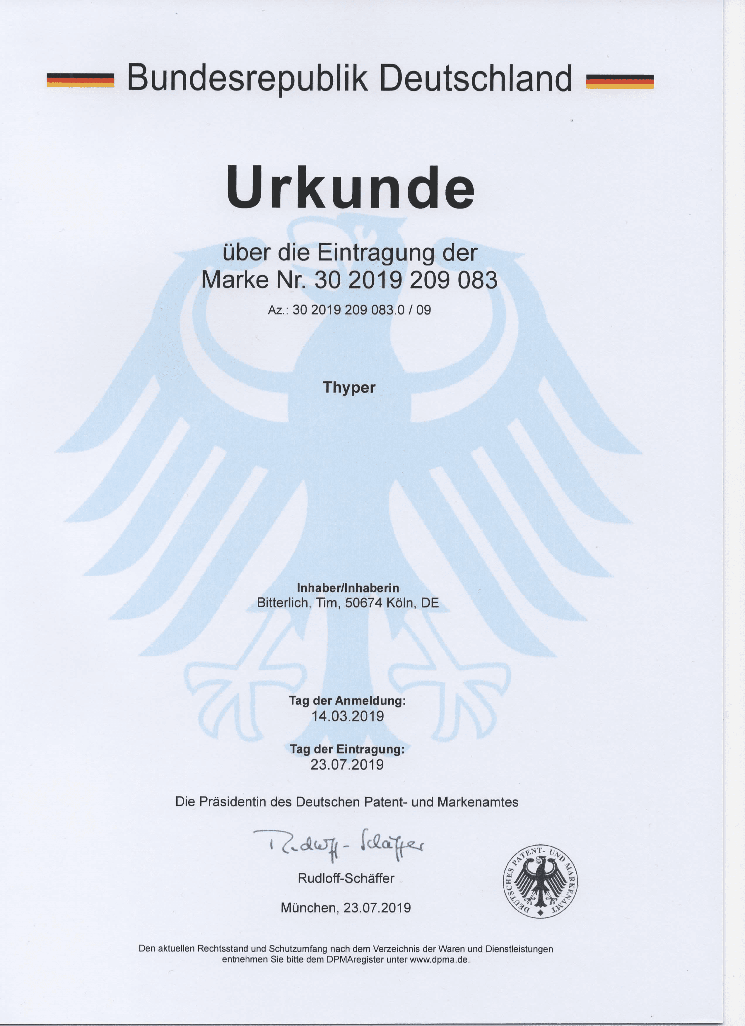 Urkunde Markenanmeldung DPMA