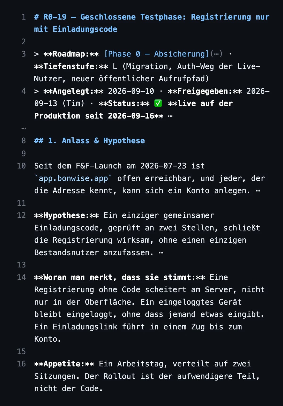 Arbeitspaket R0-19, Kopf und Abschnitt 1: Stufe L, live seit 16. September 2026, Anlass, Hypothese, woran man merkt, dass sie stimmt, und Appetite