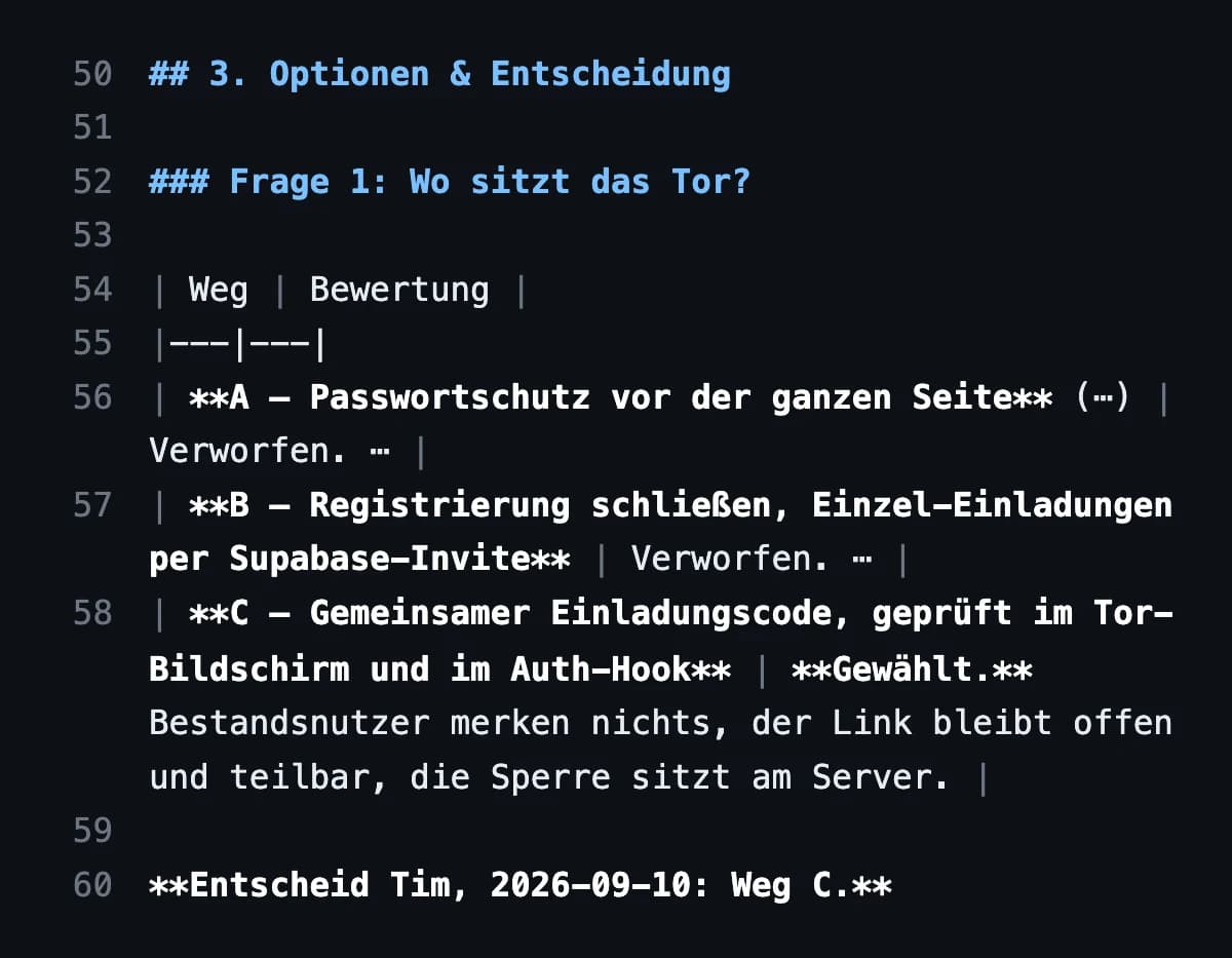 Arbeitspaket R0-19, Abschnitt 3: drei Wege für das Tor, A und B verworfen, Weg C gewählt, Entscheid vom 10. September 2026