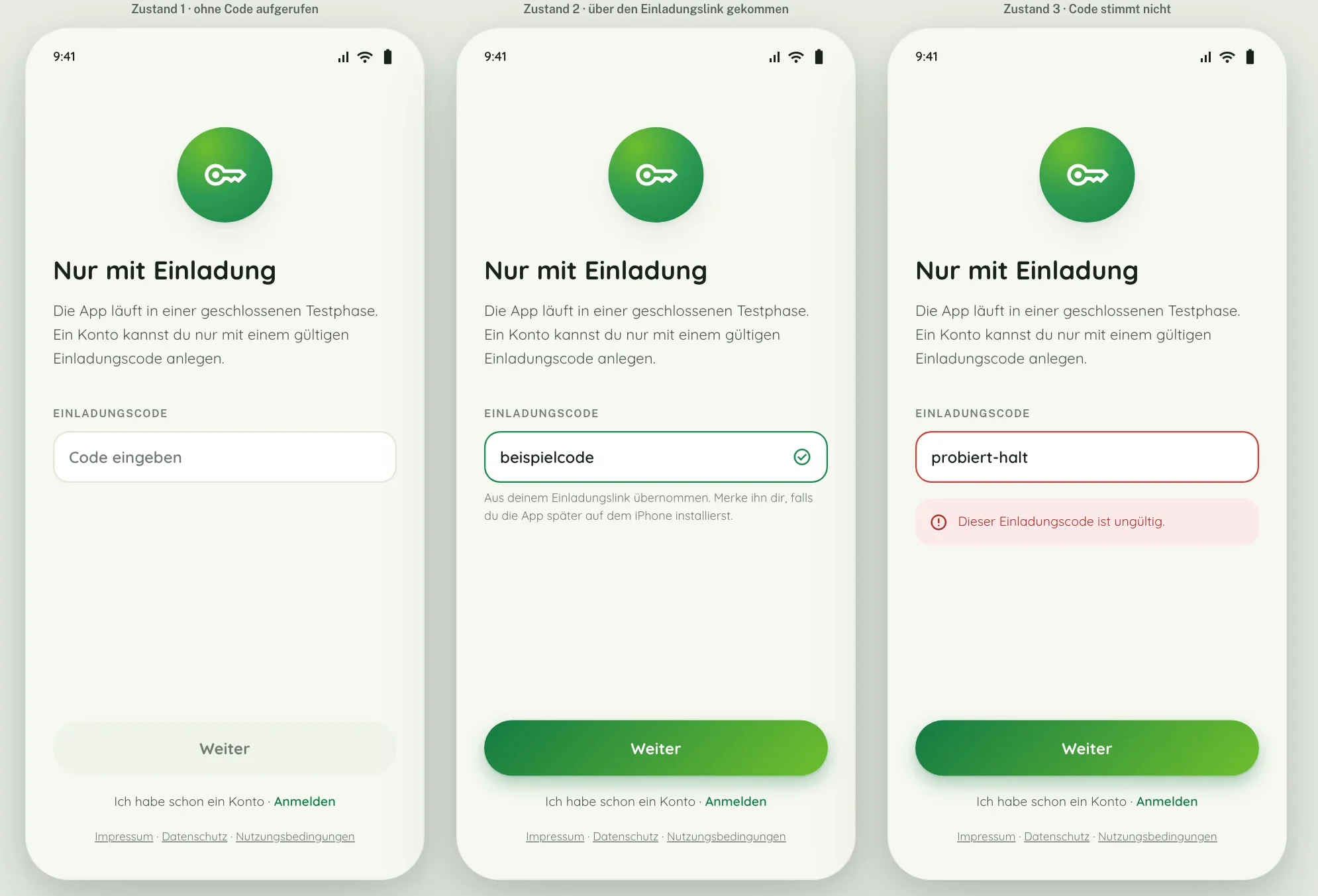 Lo-Fi-Mockup des Tor-Bildschirms in drei Zuständen: ohne Code, über den Einladungslink gekommen, Code stimmt nicht