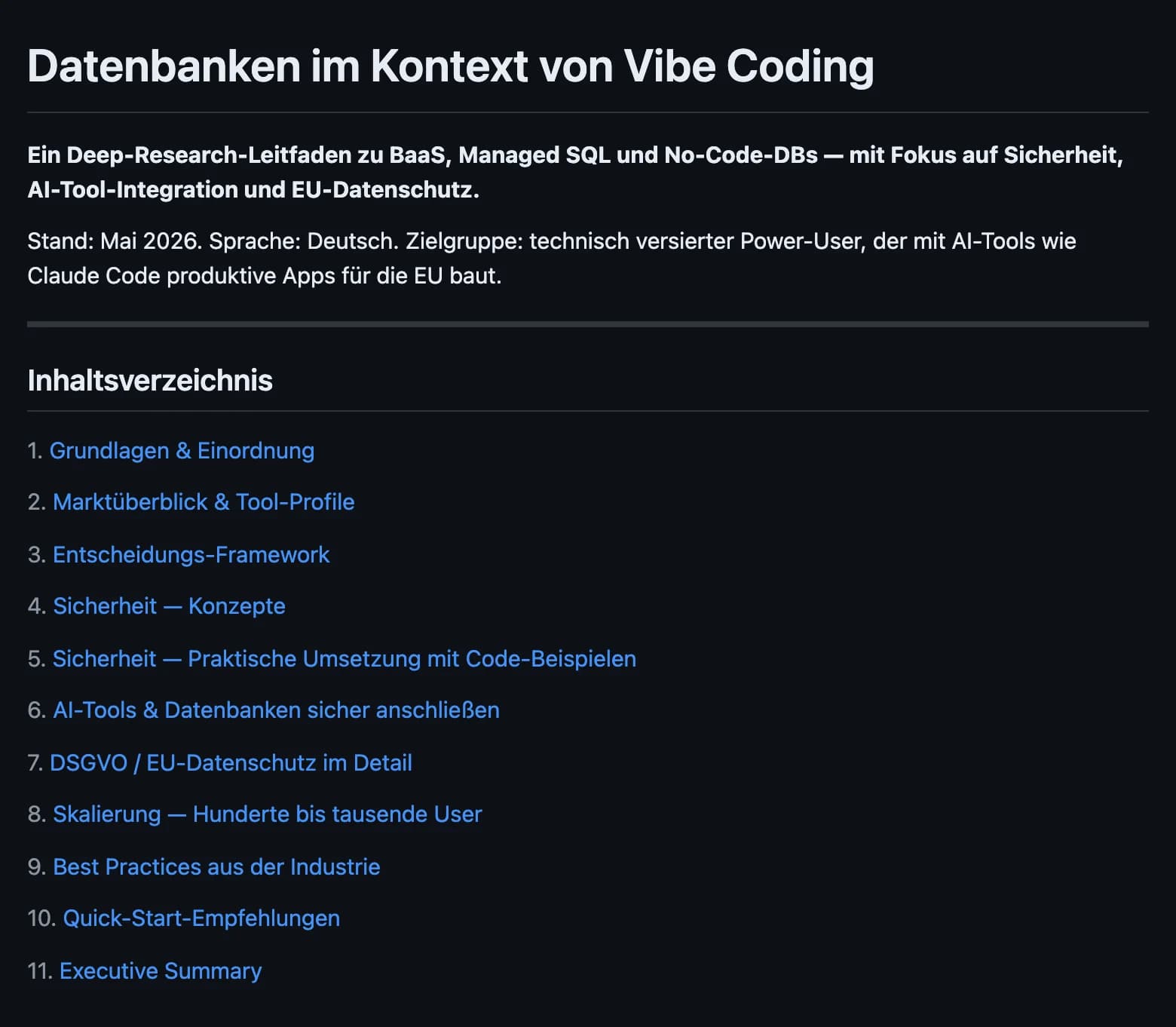 Deep-Research-Bericht zur Datenbank-Wahl — Titel, Zielgruppe und Inhaltsverzeichnis